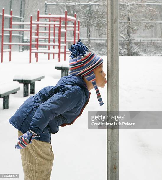little boy with tongue stuck in a pole - pole positie fotografías e imágenes de stock