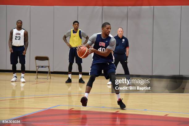 Darius Morris of the USA AmeriCup Team dribbles the ball during a training camp at the University of Houston in Houston, Texas on August 19, 2017....