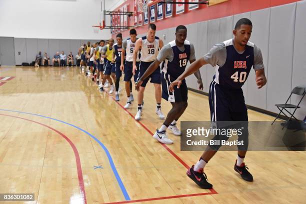Darius Morris of the USA AmeriCup Team stretches during a training camp at the University of Houston in Houston, Texas on August 19, 2017. NOTE TO...