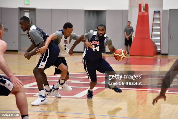 Reggie Williams of the USA AmeriCup Team dribbles the ball during a training camp at the University of Houston in Houston, Texas on August 19, 2017....