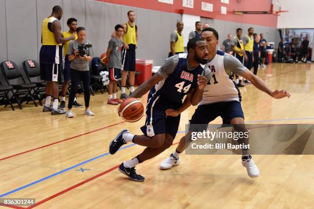 Reggie Williams of the USA AmeriCup Team dribbles the ball during a training camp at the University of Houston in Houston, Texas on August 19, 2017....