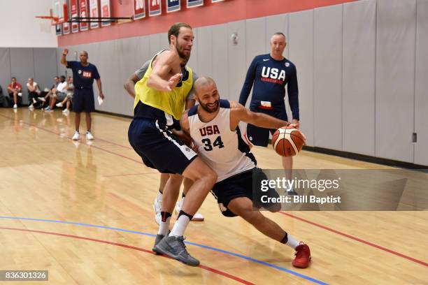 Kendall Marshall of the USA AmeriCup Team dribbles the ball during a training camp at the University of Houston in Houston, Texas on August 19, 2017....