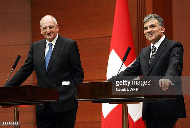 President of Switzerland Pascal Couchepin and his Turkish counterpart Abdullah Gul are pictured during a news conference at the Cankaya Palace in...