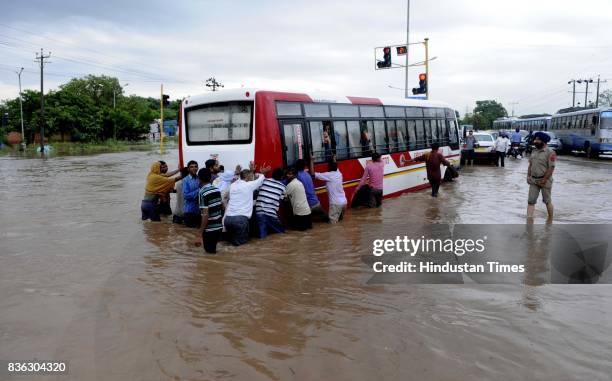 Water-logging at 45-50 light point due to rain on August 21 2017 in Chandigarh, India. Heavy rainfall on morning brought the tri-city to a stand...