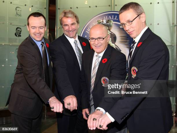 Hall of Fame 2008 inductees Jeff Chynoweth , Glenn Anderson, Ray Scapinello, and Igor Larionov pose for photographs at the Hockey Hall of Fame...