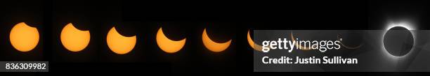 Composite photo of the stages of a solar eclipse as viewed from South Mike Sedar Park on August 21, 2017 in Casper, Wyoming. Millions of people have...