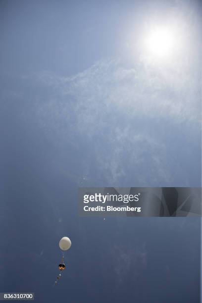 Weather balloon carrying scientific equipment rises toward the sun during a solar eclipse viewing event on the campus of Southern Illinois University...