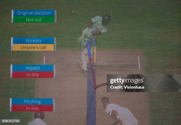 Electronic scoreboard showing ball tracking facility in use during a DRS appeal during day three of the 1st Investec test match between England and...