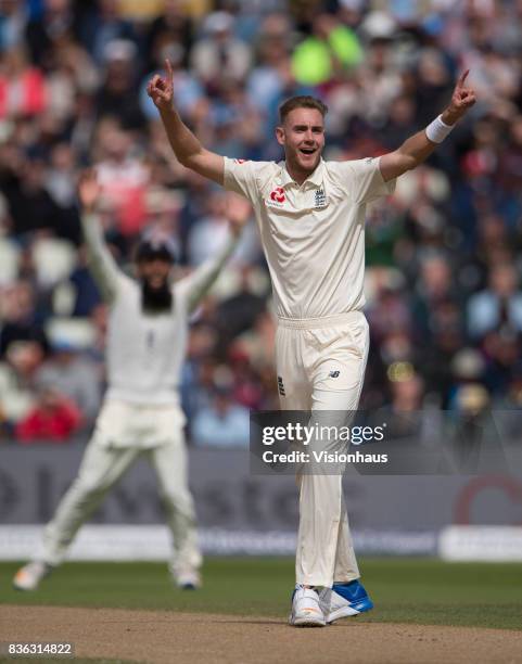 Stuart Broad of England during day three of the 1st Investec test match between England and West Indies at Edgbaston Cricket Ground on August 19,...