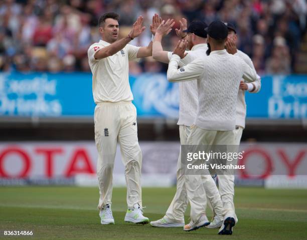 James Anderson of England celebrates taking the wicket of Roston Chase of West Indies during day three of the 1st Investec test match between England...