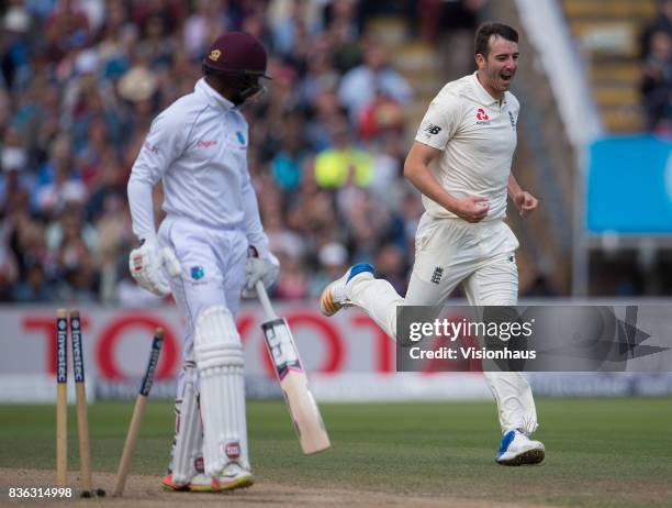 Shai Hope of West Indies is bowled by Toby Roland-Jones of England during day three of the 1st Investec test match between England and West Indies at...