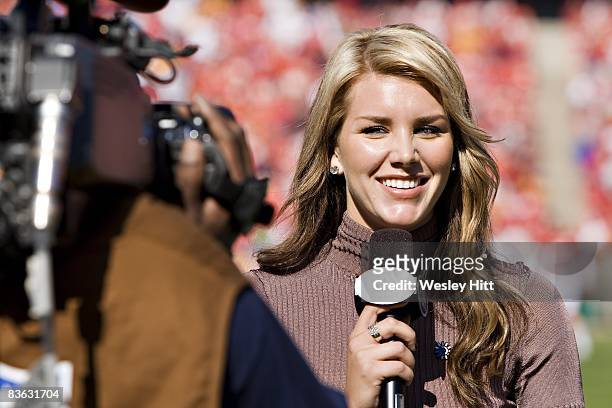 Fox Sports sideline reporter Charissa Thompson during a game between the Tampa Bay Buccaneers and Kansas City Chiefs at Arrowhead Stadium on November...