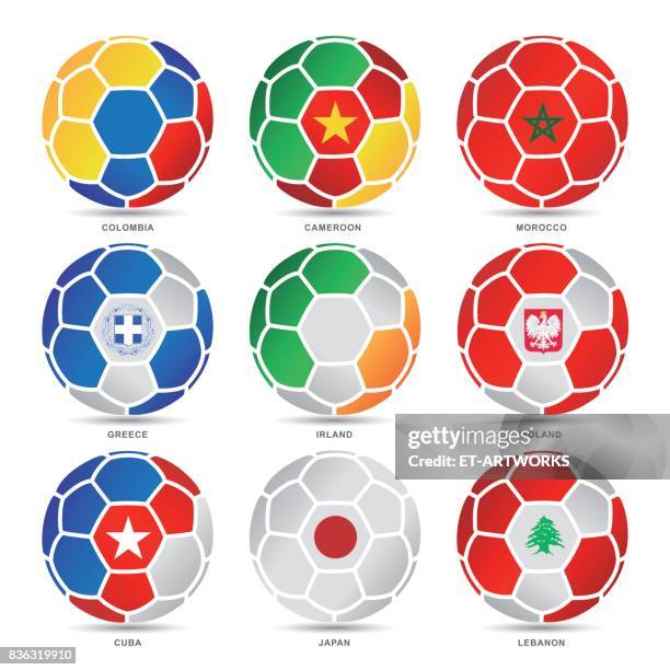 flags of world on soccer balls - morocco national soccer team stock illustrations