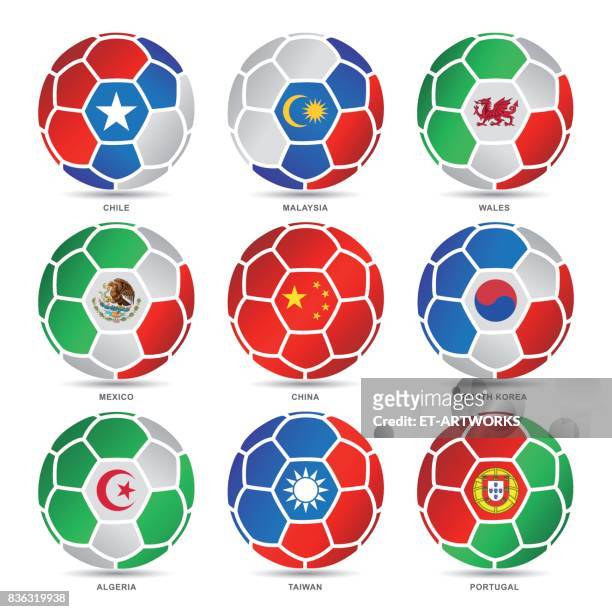 flags of world on soccer balls - world cup stock illustrations