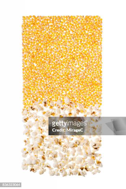 back-lit illuminated popcorn and corn grains - chicco di mais foto e immagini stock
