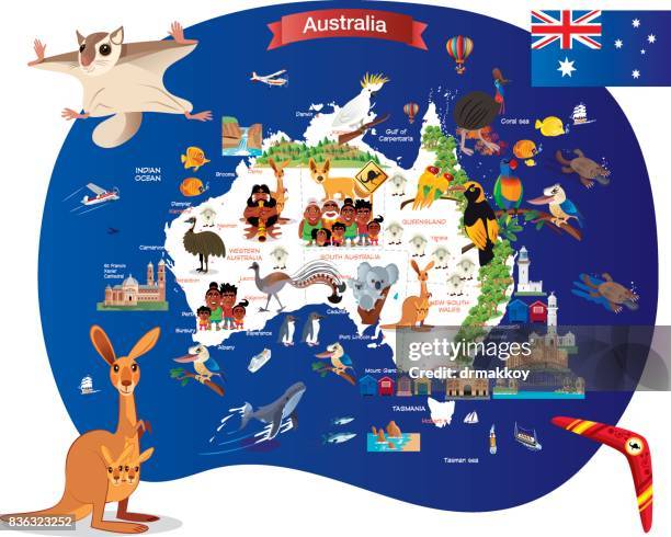 cartoon map of australia - australian culture stock illustrations