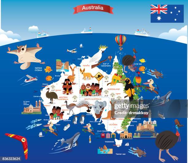 illustrazioni stock, clip art, cartoni animati e icone di tendenza di mappa dei cartoni animati dell'australia - boomerang