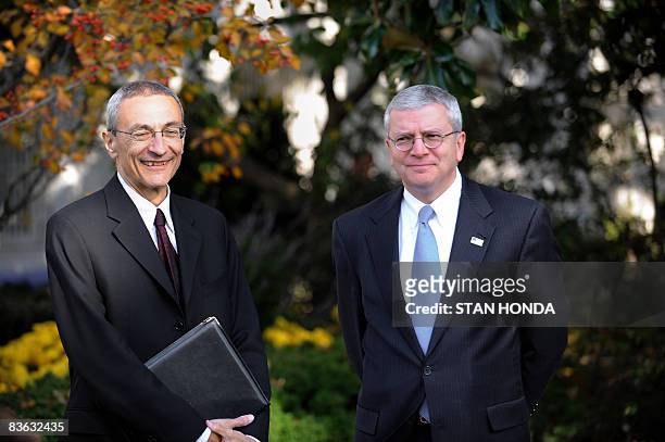 John Podesta , co-chair of the transition team of president�elect Barack Obama, and White House chief of staff Josh Bolten stand in the Rose Garden...