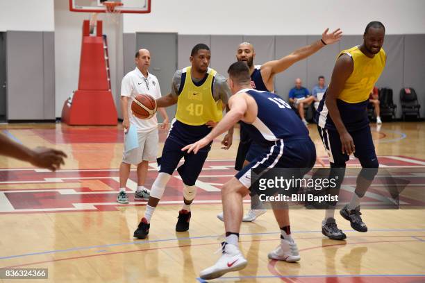 Darius Morris of the USA AmeriCup Team dribbles the ball during a training camp at the University of Houston in Houston, Texas on August 20, 2017....