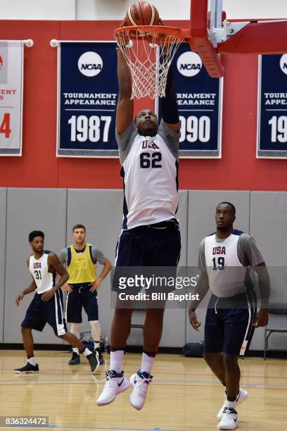 Jonathan Holmes of the USA AmeriCup Team dunks the ball during a training camp at the University of Houston in Houston, Texas on August 20, 2017....