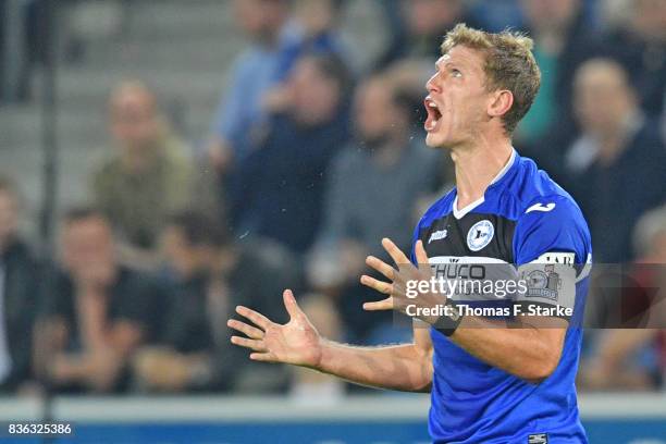 Fabian Klos of Bielefeld reacts during the Second Bundesliga match between DSC Arminia Bielefeld and VfL Bochum 1848 at Schueco Arena on August 21,...