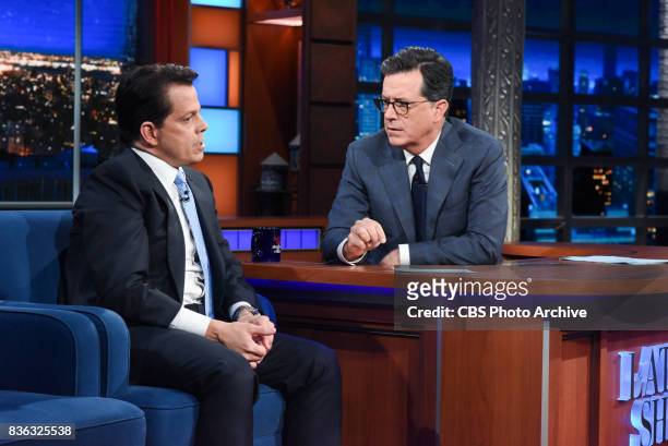 The Late Show with Stephen Colbert and guest Anthony Scaramucci during Monday's August 14, 2017 show.