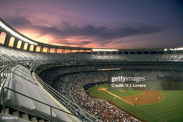 Overall view of Jack Murphy Stadium from upper deck seats in right field during San Diego Padres vs Houston Astros opening day game. Scenic view of...