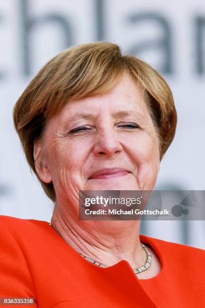 Sankt Peter-Ording, Germany German Chancellor Angela Merkel adresses the audience during her election campaign for Bundestagswahl 2017 or Federal...