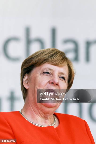 Sankt Peter-Ording, Germany German Chancellor Angela Merkel adresses the audience during her election campaign for Bundestagswahl 2017 or Federal...