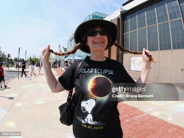 Marilyn Havoc of Great Neck arrives for the partial eclipse of the sun viewing on August 21, 2017 at the Cradle of Aviation Museum in Garden City,...