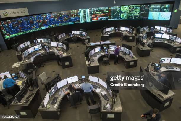 Workers monitor energy grids during the solar eclipse at the California Independent System Operator headquarters in Folsom, California, U.S., on...