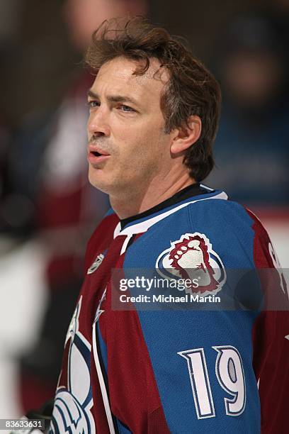 Joe Sakic of the Colorado Avalanche skates prior to the game against the Nashville Predators at the Pepsi Center on November 08, 2008 in Denver,...