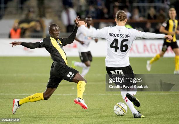 Pa Amat Dibba of Hammarby IF & Arvid Brorsson during the Allsvenskan match between Orebro SK and Hammarby IF at Behrn Arena on August 21, 2017 in...