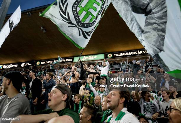 Fans of Hammarby IF during the Allsvenskan match between Orebro SK and Hammarby IF at Behrn Arena on August 21, 2017 in Orebro, Sweden.