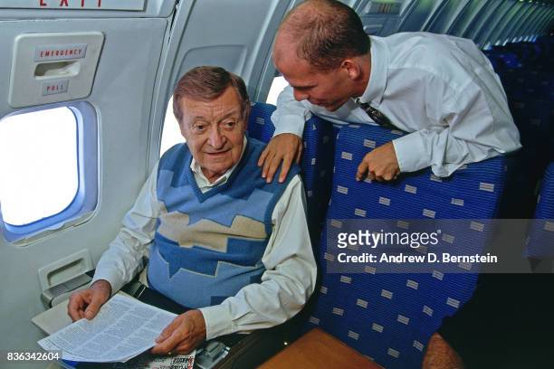 Chick Hearn of the Los Angeles Lakers sits on the plane on October 18, 1996 at the Great Western Forum in Inglewood, California. NOTE TO USER: User...