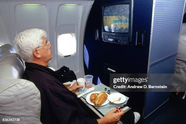 Del Harris of the Los Angeles Lakers sits on the plane on October 18, 1996 in Inglewood, California. NOTE TO USER: User expressly acknowledges and...