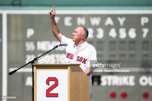 Longtime NESN broadcaster and former Boston Red Sox second baseball Jerry Remy talks during a ceremony honoring his thirty years in the broadcast...