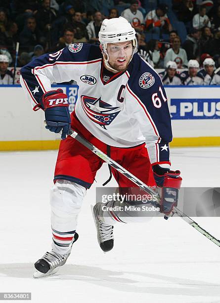Rick Nash of the Columbus Blue Jackets skates against the New York Islanders on November 3, 2008 at Nassau Coliseum in Uniondale, New York. The...