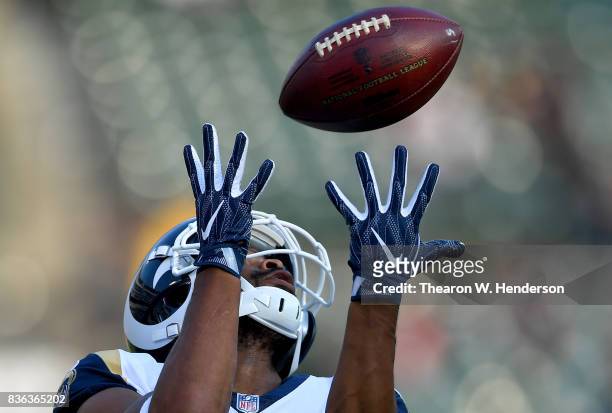 Robert Woods of the Los Angeles Rams warms up during pregame warm ups prior to playing the Oakland Raiders in an NFL preseason football game at...