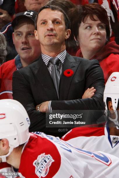 Head coach Guy Carbonneau of the Montreal Canadiens watches his team in action against the Columbus Blue Jackets on November 7, 2008 at Nationwide...