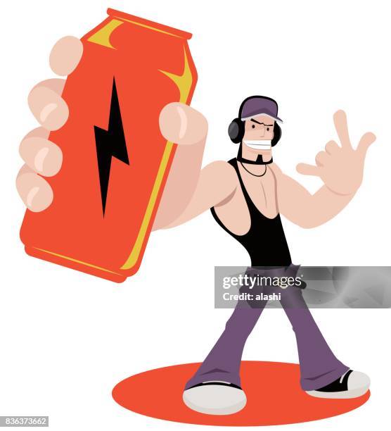 stockillustraties, clipart, cartoons en iconen met kan men glimlachend onhartelijk mens (rapper, radio-dj) met een enorme energie drankje, met gebaren van de liefde - drink can