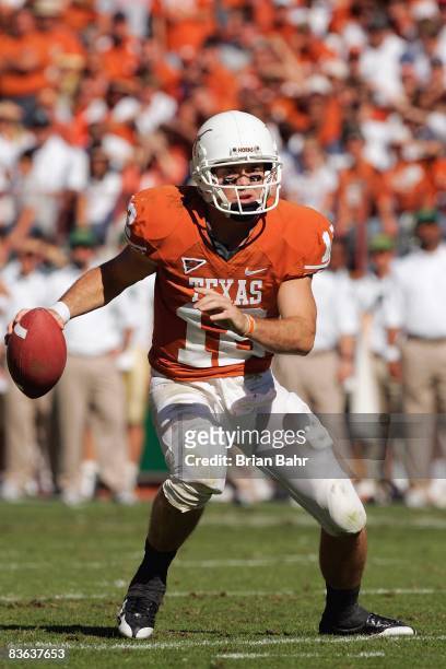 Quarterback Colt McCoy of the Texas Longhorns looks to pass the ball during the game against the Baylor Bears on November 8, 2008 at Darrell K...