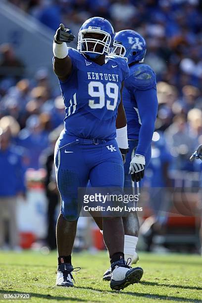 Jeremy Jarmon of the Kentucky Wildcats points during the game against the Georgia Bulldogs at Commonwealth Stadium on November 8, 2008 in Lexington,...