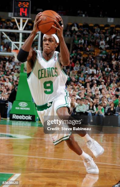 Rajon Rondo of the Boston Celtics drives to the basket in a game against the Toronto Raptors on November 10, 2008 at the TD Banknorth Garden in...