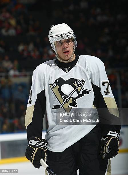 Evgeni Malkin of the Pittsburgh Penguins looks on during a break in game action against the New York Islanders at Nassau Coliseum on November 8, 2008...