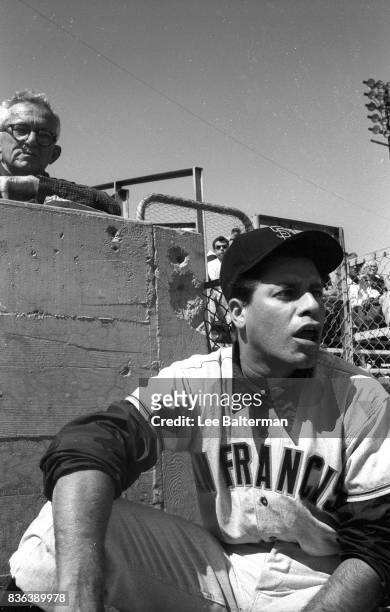 Casual portrait of celebrity comedian Jerry Lewis posing in San Francisco Giants uniform during spring training photo shoot at Phoenix Municipal...