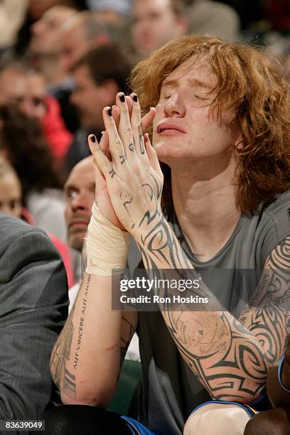 Robert Swift of the Oklahoma City Thunder gestures during a game against the Indiana Pacers at Conseco Fieldhouse on November 10, 2008 in...