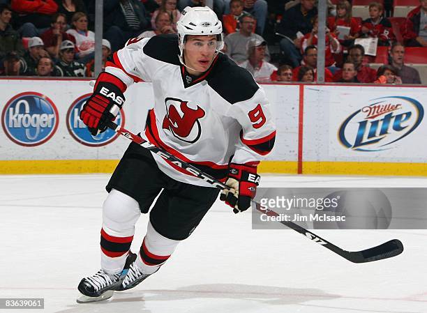 Zach Parise of the New Jersey Devils skates against the Detroit Red Wings on November 8, 2008 at Joe Louis Arena in Detroit, Michigan. The Wings...