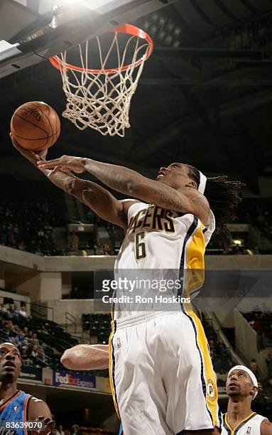 Marquis Daniels of the Indiana Pacers scores on the Oklahoma City Thunder at Conseco Fieldhouse on November 10, 2008 in Indianapolis, Indiana. The...