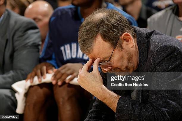 Carlesimo head coach of the Oklahoma City Thunder reacts as team was defeated by the Indiana Pacers 107-99 at Conseco Fieldhouse on November 10, 2008...